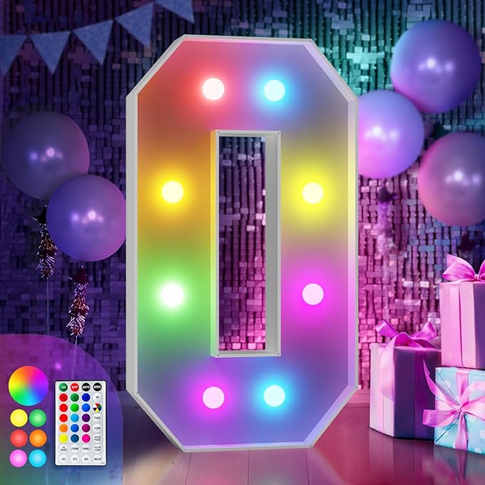 Light Up Marquee Number 0 Sign, 3 ft Color Changing with Remote Control