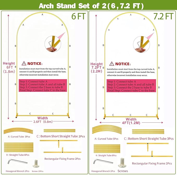 Background Support Stand Set, Gold Metal Arch, 6FT and 7.2FT