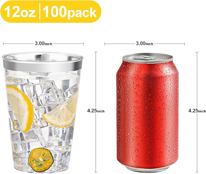 Disposable Plastic Cups with Silver Rim, 12 oz, 100 Count Clear