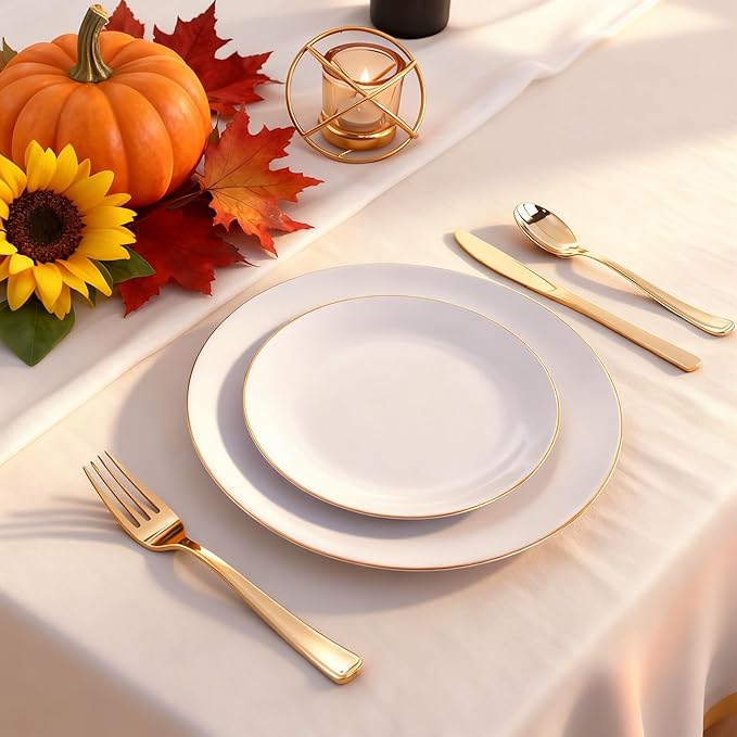 Disposable Plates, 60 Count White Plastic with Gold Rim, Heavy Duty