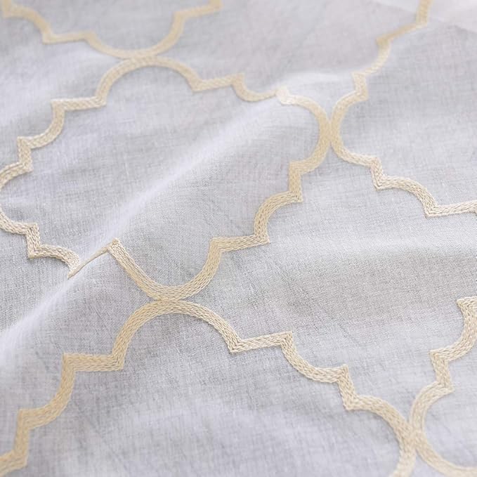 Embroidery Sheer Curtains Gold 45 Inch Length, Rod Pocket Voile Drapes for Living room, Bedroom, Embroidered Moroccan Tile Lattice Design Window Semi Curtains for Patio, Yard, 2 Panels, 52"x 45".