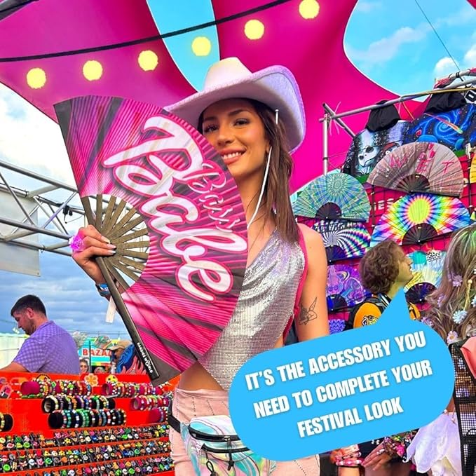 Kandies World UV Reactive Custom Festival Folding Hand Fan - Unique Designs, Made of Bamboo, Clacking Sound, Lightweight - Perfect Rave and Festival Accessory!