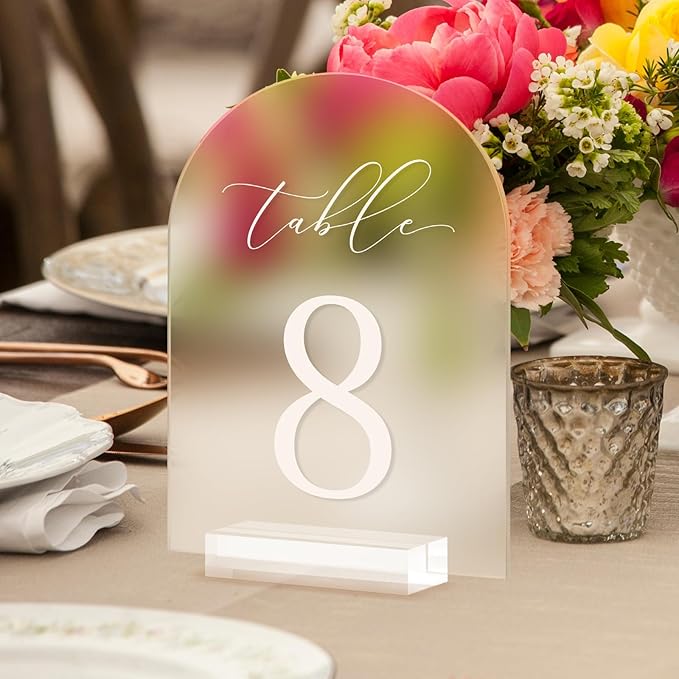 JINMURY Frosted Arch Table Numbers for Wedding, 5x7 Inch Acrylic Table Numbers 1-10 with Stands, Frosted Acrylic Arch Tabletop Sign with Holder for Centerpiece, Reception, Wedding, Party, Event