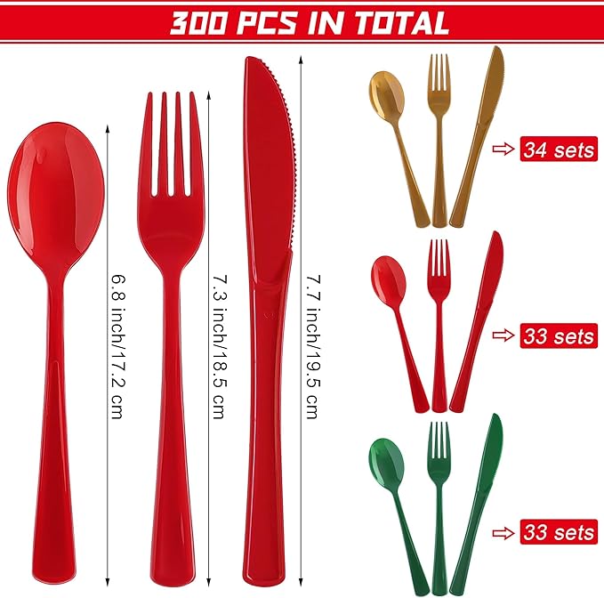 Christmas Plastic Silverware Set, 300 Pieces in Red, Green and Gold