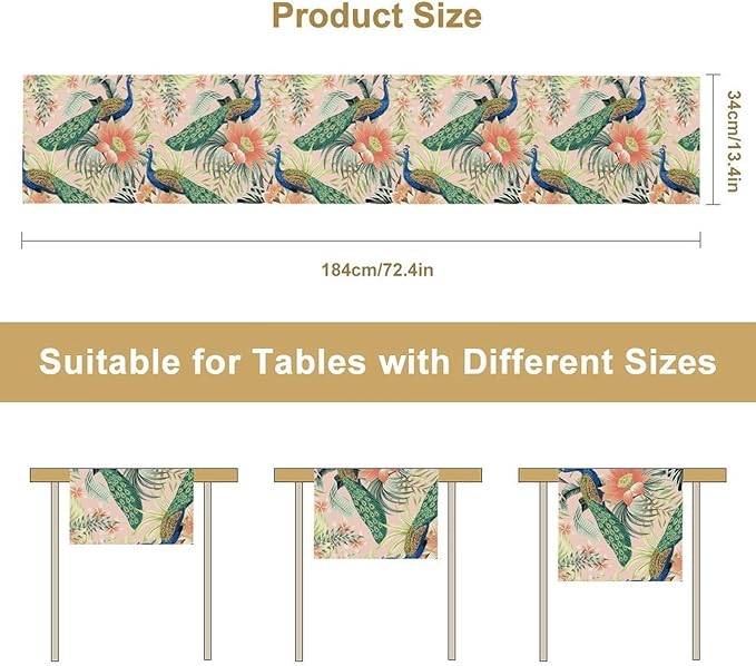 Peacock Table Runner,Pink Flower Peacock Birds Table Runner for Home Kitchen Dining Party Indoor Outdoor Decoration 13x36 Inch