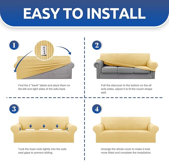Sofa Slipcover for 3-Cushion Couch, Champagne Stretch, Anti-Slip