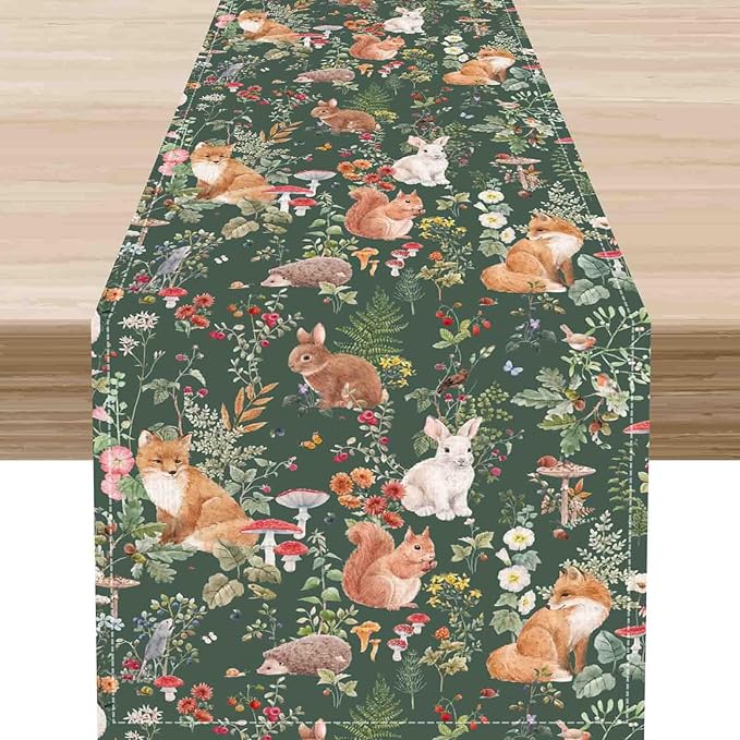 Rustic Forest Table Runner, Farmhouse Wild Woodland Animals Country Fox Rabbits Mushroom Botanical Green Table Center Decor for Home Kitchen Dining Patio Holiday Party, 13"x36" Inch