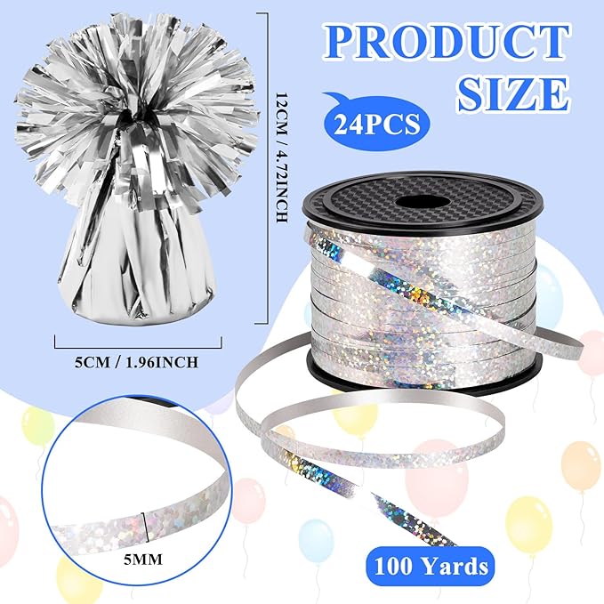 Balloon Weights Silver Foil Anchors, 24 Pack with Ribbon