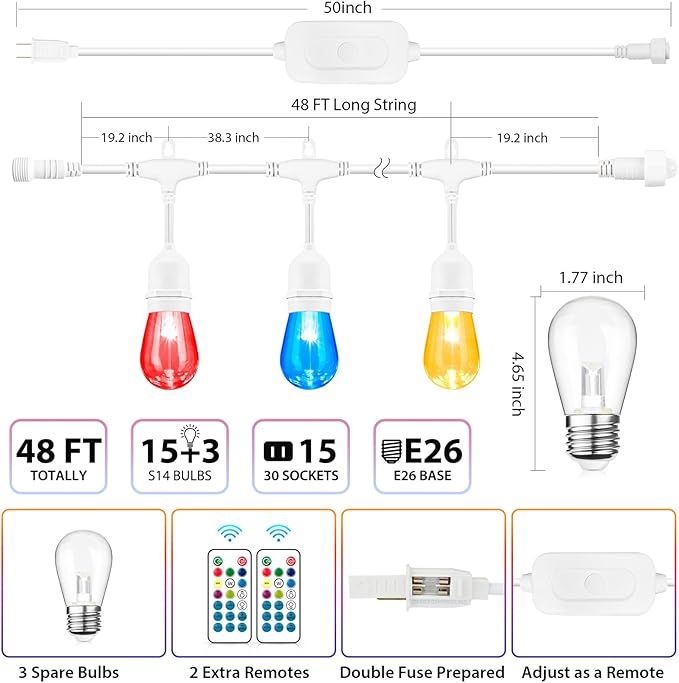 String Lights 48 FT Outdoor RGB LED with Remote, 6 Modes