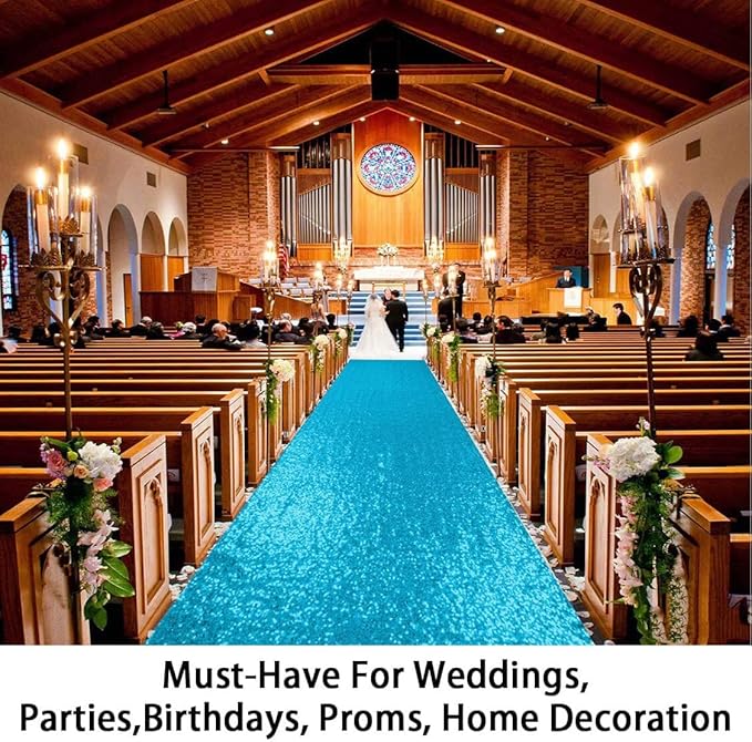 Aisle Runner, Turquoise Sequin Mesh, 2 x 15 ft Seamless Wedding Runner