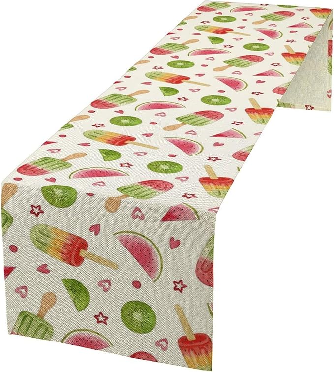 Summer Popsicles Table Runner, Colorful Watercolor Ice Cream Loves Heart Seasonal Dinner Runner for Party Holiday Home Kitchen Dining Table Decor 13"x70"