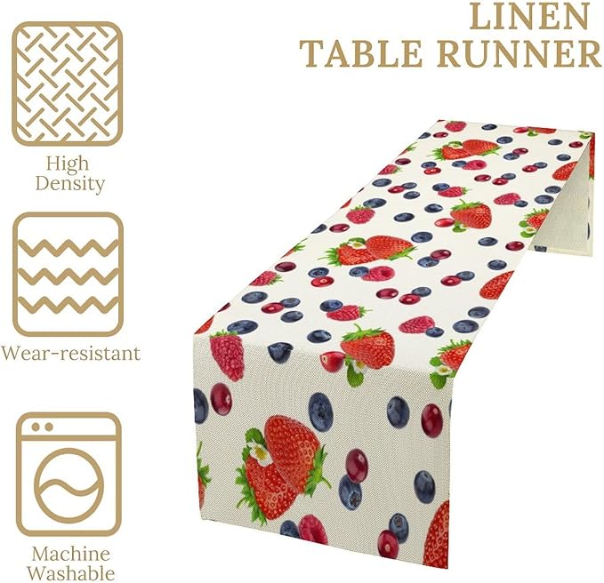 Strawberry Table Runner Spring Summer Fruit Wild Berry Forest Garden Dinner Runner for Farmhouse Party Holiday Home Kitchen Dining Table Decor 13x90
