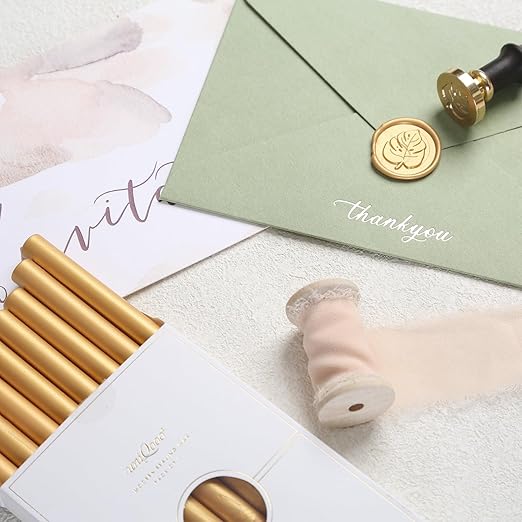 UNIQOOO Mailable Glue Gun Sealing Wax Sticks for Wax Seal Stamp - Metallic Gold, Great for Cards, Wedding Invitations, Envelopes, Snail Mails, Wine Packages, Gift Ideas, Events, Pack of 8
