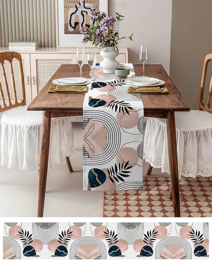 Modern Boho Cotton Linen Table Runner for Dining Kitchen, Wedding Outdoor Party Tablerunners Decoration, Abstract Bohemian Tropical Palm Leaf Dresser Scarf Coffee Tablecloth Runners 13x120 Inches
