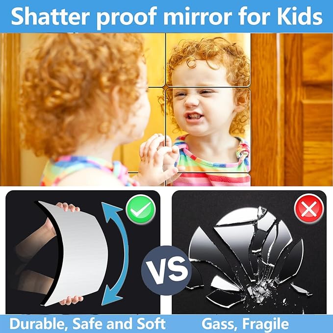 Unbreakable Acylic Small Mirror Tiles for Kids, (4-Pcs 14x12 Inch) Plastic Mirrors for Wall, Stick on Mirrors for Wall Decor, Shatterproof Mirror for Kids Bedroom