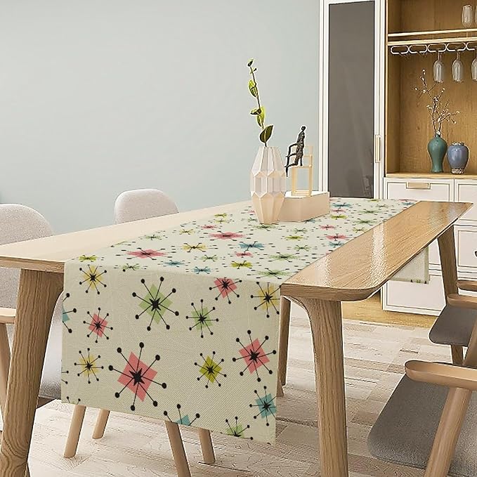 Mid Century Table Runner, Flag Retro Atomic Starburst 1950s Abstract Geometric Space Tabletop Decoration for Home Kitchen Restaurant Table Flag 13x120 Inch