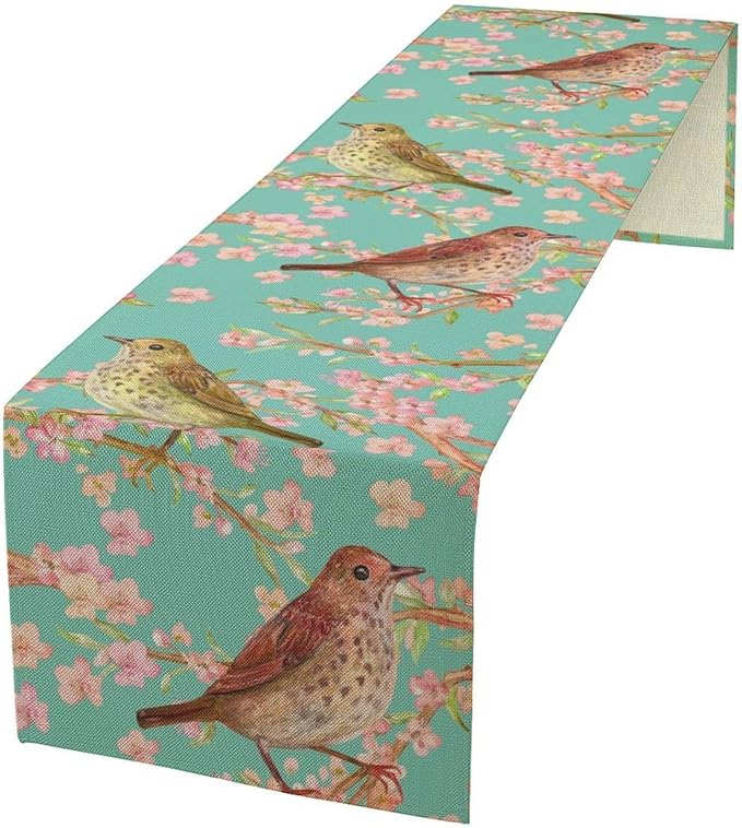 Table Runner with Flowers and Birds, Spring Plant Flowers Table Decoration Linen Table Runner Family Party Party Decorations 13x36 Inches