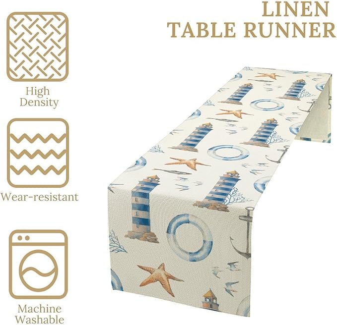 Blue Beach Table Runner, Tropical Ocean Coast Table Runner, Seashell Seasonal Nautical Restaurant Coffee Table Decorations for Home Holiday Party Indoor Outdoor 13x108 Inch