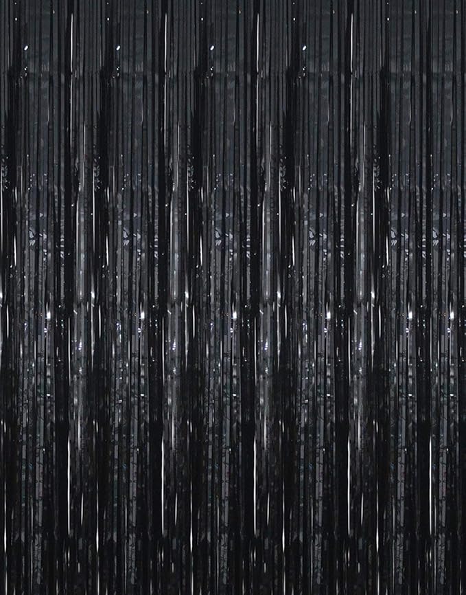 GOER 6.4 ft x 9.8 ft Metallic Tinsel Foil Fringe Curtains,Pack of 2 Party Streamer Backdrop for Birthday,Graduation Decorations and New Year Eve (Black)