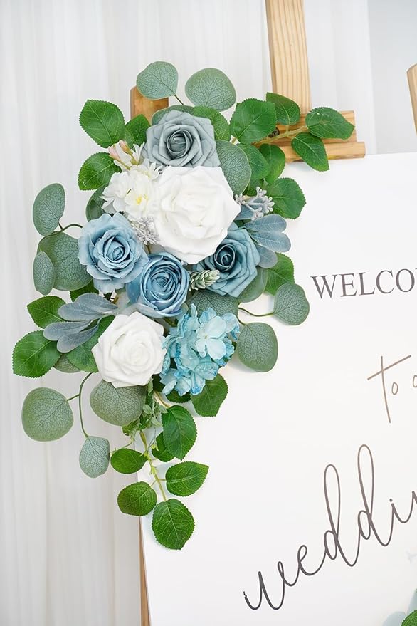 Artificial Flowers Arch Decor, Sky Blue Silk and Foam, Set of 2