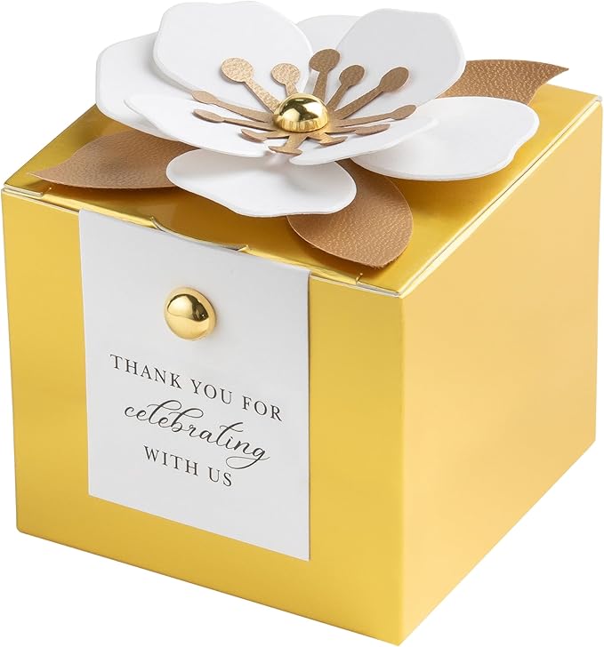 Gift Boxes, 20 Gold Candy Boxes with White Floral Decor and Thank You Tags
