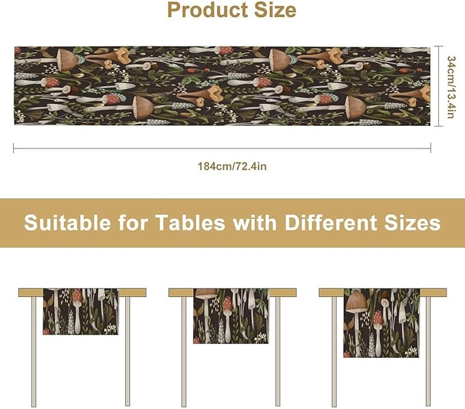 Mushroom Table Runner,Retro Forest Wildflower Botanical Plants Flower Art Pattern Print Burlap Hotel Indoors Outdoor Dining Room Kitchen Holiday Party, 13x36in