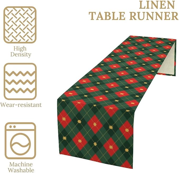Christmas Table Runner,Green Red Xmas Plaid Table Cloth Kitchen Dining Table Decoration for Home Party Decor 13x90 Inch