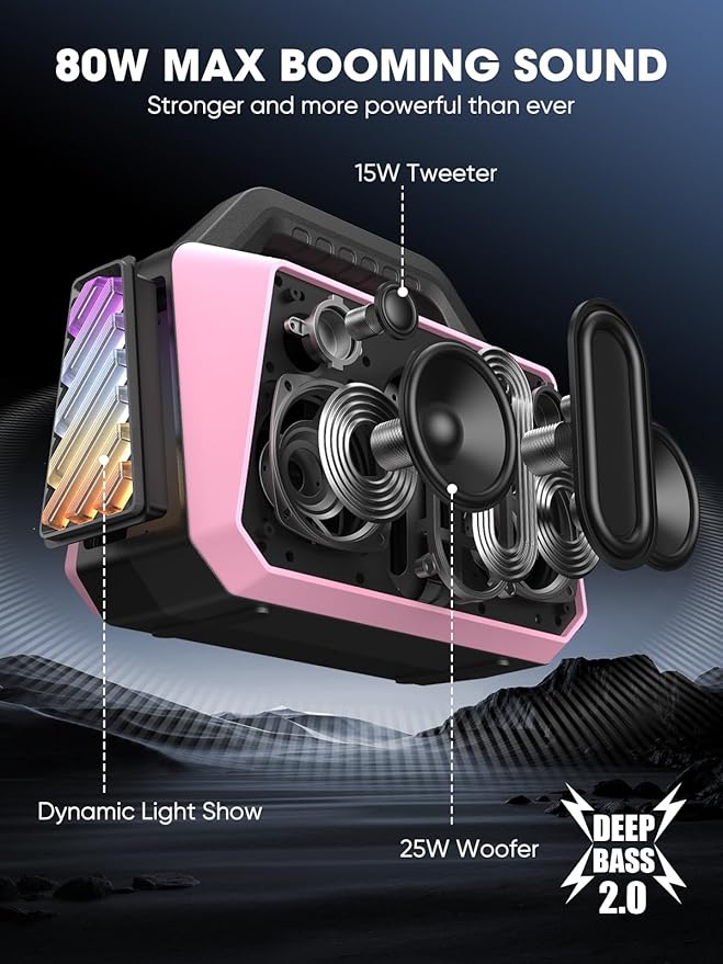 Wireless Bluetooth Speakers - Portable Speaker 80W Peak, 20H Playtime, Light Shows, Loud Speaker with Strong Bass, BT 5.3, TWS, IPX6 Waterproof for Home Travel Outdoor Beach Camping - Pink