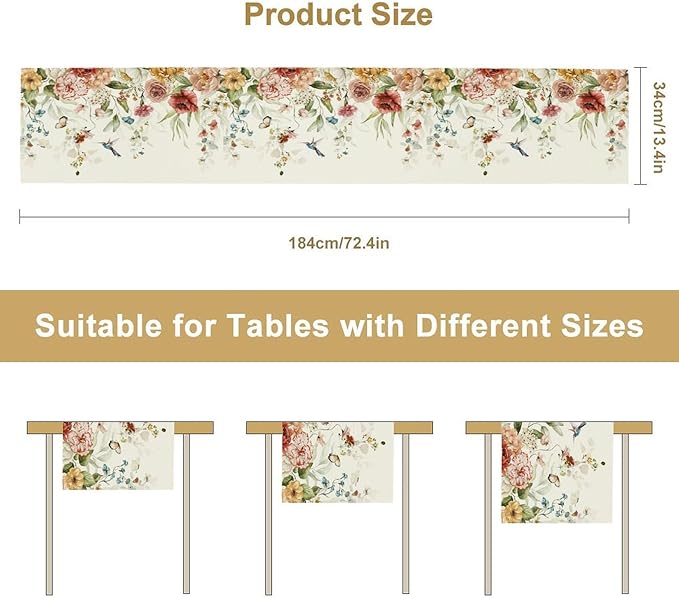 Rustic Floral Table Runner, Watercolor Flower Leaves Hummingbird Butterfly Farmhouse Kitchen Dinning Table Runner for Indoor Outdoor Home Wedding Party Holiday, 13x90 Inch