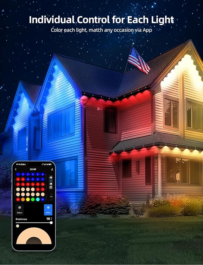 String Lights 50 ft Outdoor Smart LED, 36 RGBW Bulbs, IP65 Waterproof