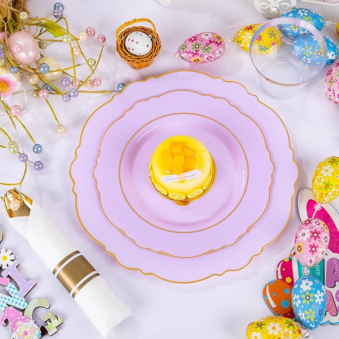 Liacere 350PCS Purple Plastic Plates - Disposable Light Purple and Gold Plates 50guest Baroque Plastic Dinnerware include 100Plates, 50Pack Pre Rolled Napkins with Silverware 50Cups for Mother's Day