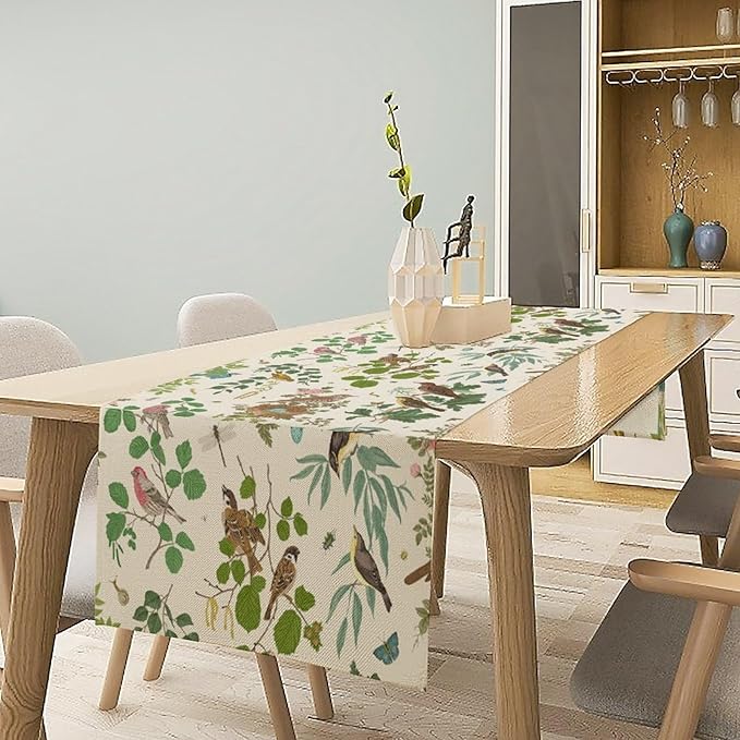 Vintage Bird Flower Table Runner Seasonal Spring Summer Garden Plants Farmhouse Country Kitchen Dining Table Decoration for Home Party Holiday 13"x60"