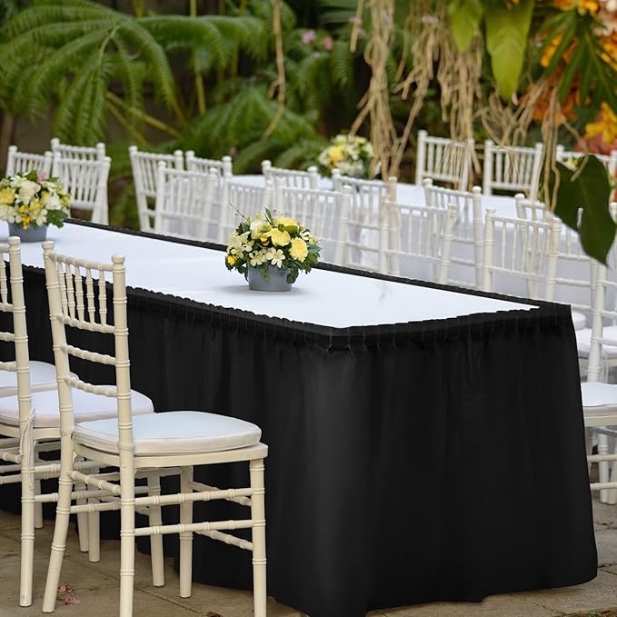 TURSTIN 2 Pieces Black Plastic Table Skirts 14 x 29 Feet for Rectangle Tables Fitted Tablecloth Disposable Table Cover for Birthday Party, Events, Banquette Baby Shower