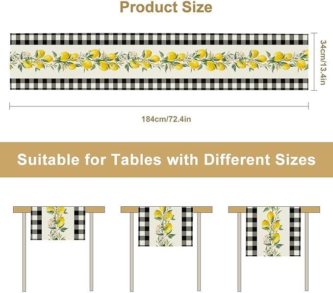 Lemon Table Runner,Black Buffalo Plaid Lemon Table Runner Farmhouse Style Spring Summer Home Kitchen Dinding Room Table Decoration 13x72 Inch