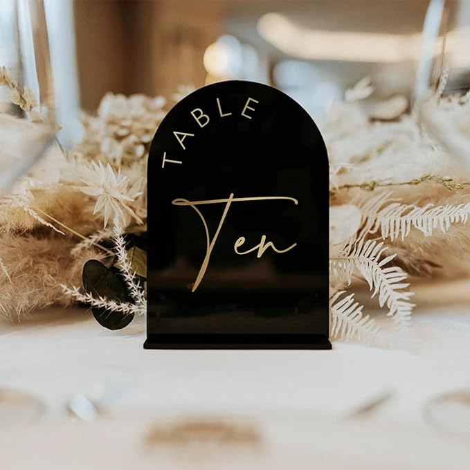 Place Card Table Numbers 1-10, Black Arch Acrylic with Gold Print
