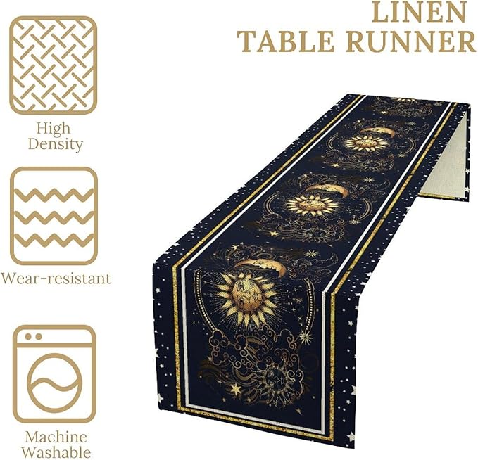 Sun Moon Table Runner, Seasonal Golden Sun Moon Holiday Kitchen Dining Table Runner for Kitchen Living Room Home Party Decor 13x60 Inch
