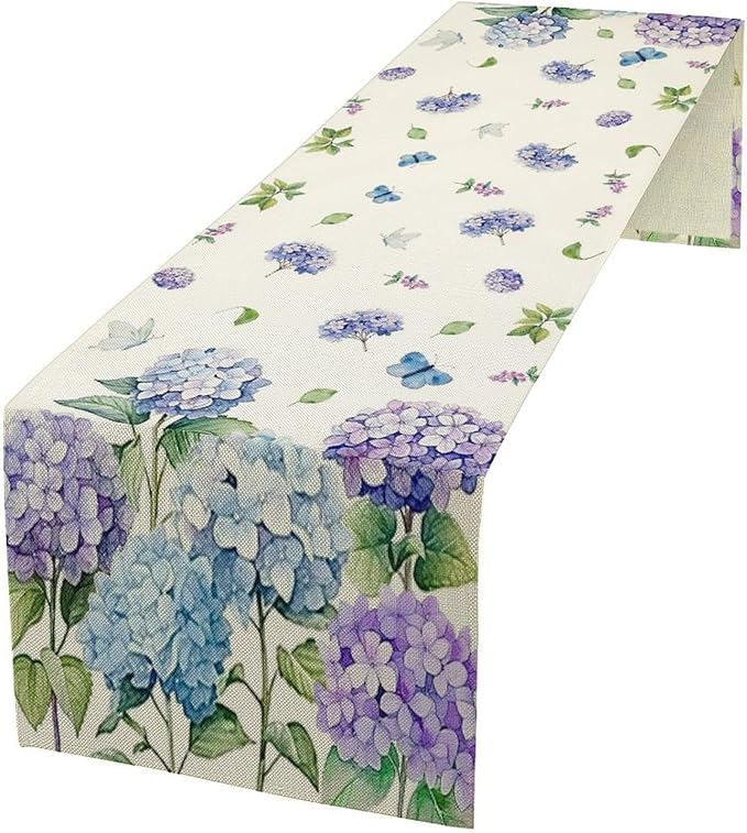 Spring Hydrangea Flower Table Runner, Seasonal Summer Plants Watercolor Florals Butterfly Dinner Runner for Home Kitchen Dining Table Party Holiday Decoration 13"x120"