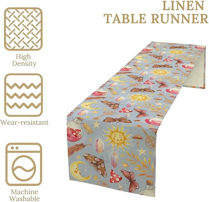 Boho Sun Moon Table Runner Mystical Rustic Butterfly Mushroom Star Table Runner for Kitchen Living Room Dinner Holiday 13x70 Inch
