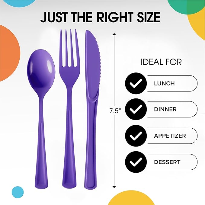 Plastic Cutlery Set 300 Pieces Purple Forks, Spoons and Knives