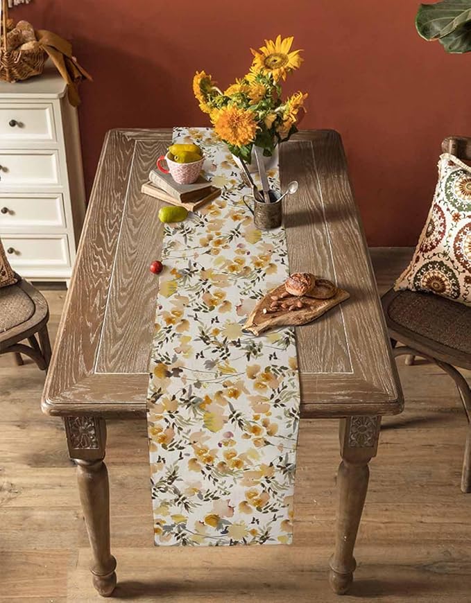 Vintage Orange Flower Cotton Linen Table Runner for Dining Kitchen, Wedding Outdoor Party Tablerunners Decoration, Farmhouse Botanical Floral Retro Dresser Scarf Coffee Tablecloth Runners 13x90 Inches