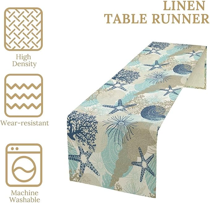 Nautical Coastal Table Runner，Ocean Themed Starfish Coral Conch Beach Kitchen Dinning Table Decoration for Indoor Outdoor Home Party Decor 13x120 Inch