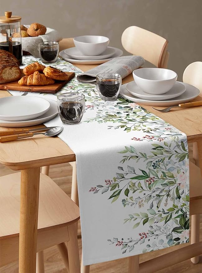 Botanical Eucalyptus Cotton Linen Table Runner for Dining Kitchen, Wedding Outdoor Party Tablerunners Decoration, Sage Green Leaves Elegant Floral Dresser Scarf Coffee Tablecloth Runners 13x120 Inches