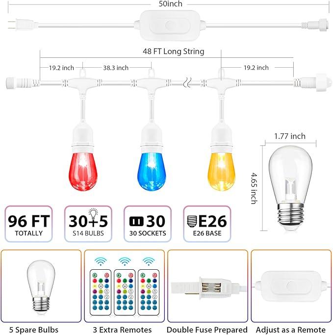 String Lights, 96 Ft Outdoor Patio, 8 Colors with Remote Control