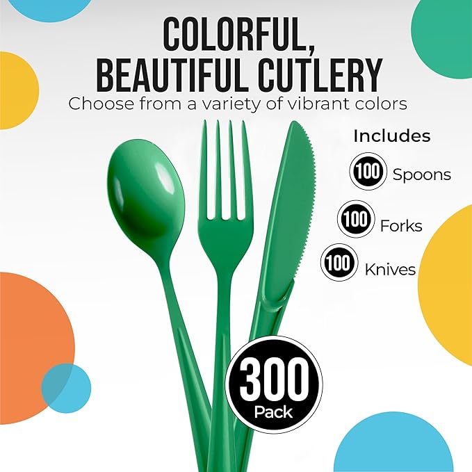 Disposable Plastic Cutlery Set, 300 Pieces, Emerald Green, 7.5 Inch