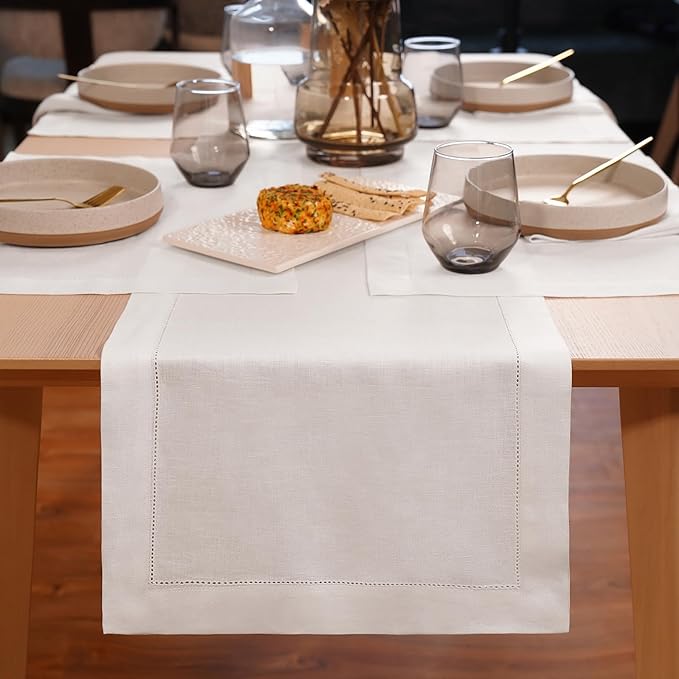 Linen Table Runner 90 inches Long – Hemstitch 100% Pure Linen White Dining Table Runner 14 x 90 Inch for Spring, Summer, Wedding Decorations, Gift – Elara