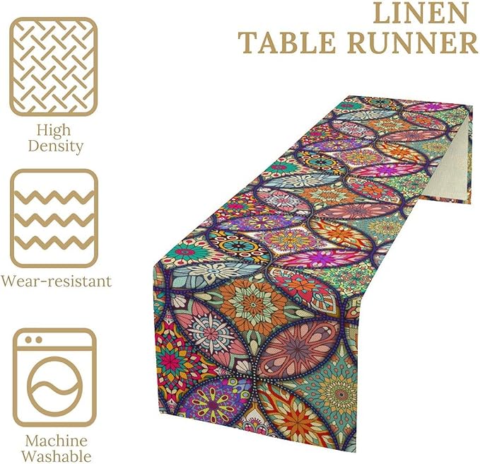 Boho Floral Table Runner,Colorful Flower Retro Bohemian Table Cloth Kitchen Dining Table Home Party Decoration 13x60 Inch