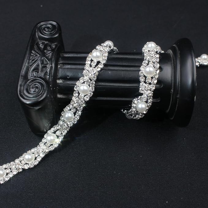 PEARLY JUN 1 Yard Pearl Rhinestone Trim Chain Silver Crystal Fringe Diamond Applique Ribbon String Tassel Strip for Sewing Wedding Dress Crafting Crafts Flower Embellishments