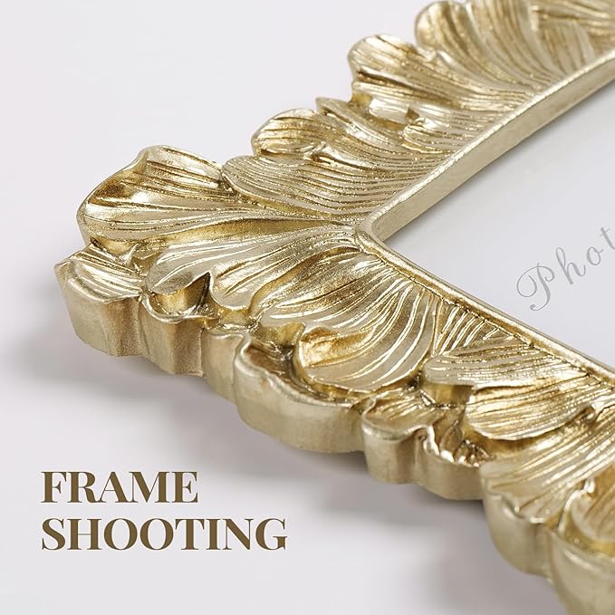 Cuspin Small Gold Picture Frame 3x5 Frames, Vintage Gold Palm Leaves Textured Hand-Crafted Resin with Glass Front Elegant Retro Vintage Design Photo Frame for Wall and Tabletop Display Home Decor