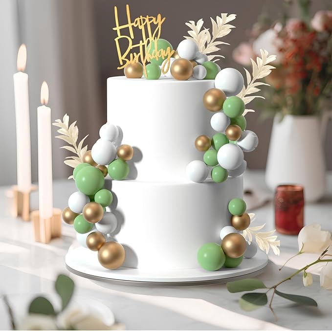 MIAHART Ball Cake Toppers Boho Grass Cake Topper Ball Cake Insert Decoration for Birthday Wedding Baby Shower Party Decorations Boho Themed Party Supplies (green，gold，white)