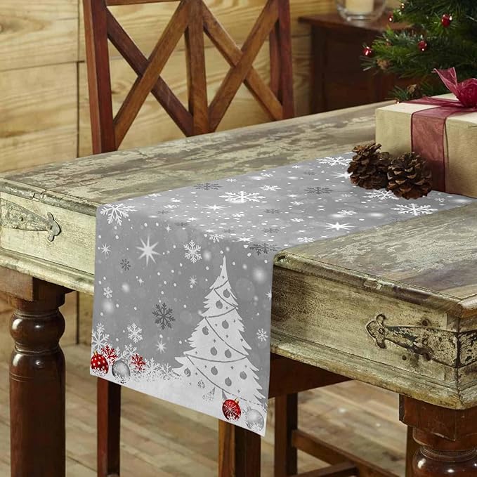 Christmas Snowflakes Cotton Linen Table Runner for Dining Kitchen, Xmas Tree Snow Winter Wedding Outdoor Party Tablerunners Decoration, Grey Balls Dresser Scarf Coffee Tablecloth Runners 13x60 Inches